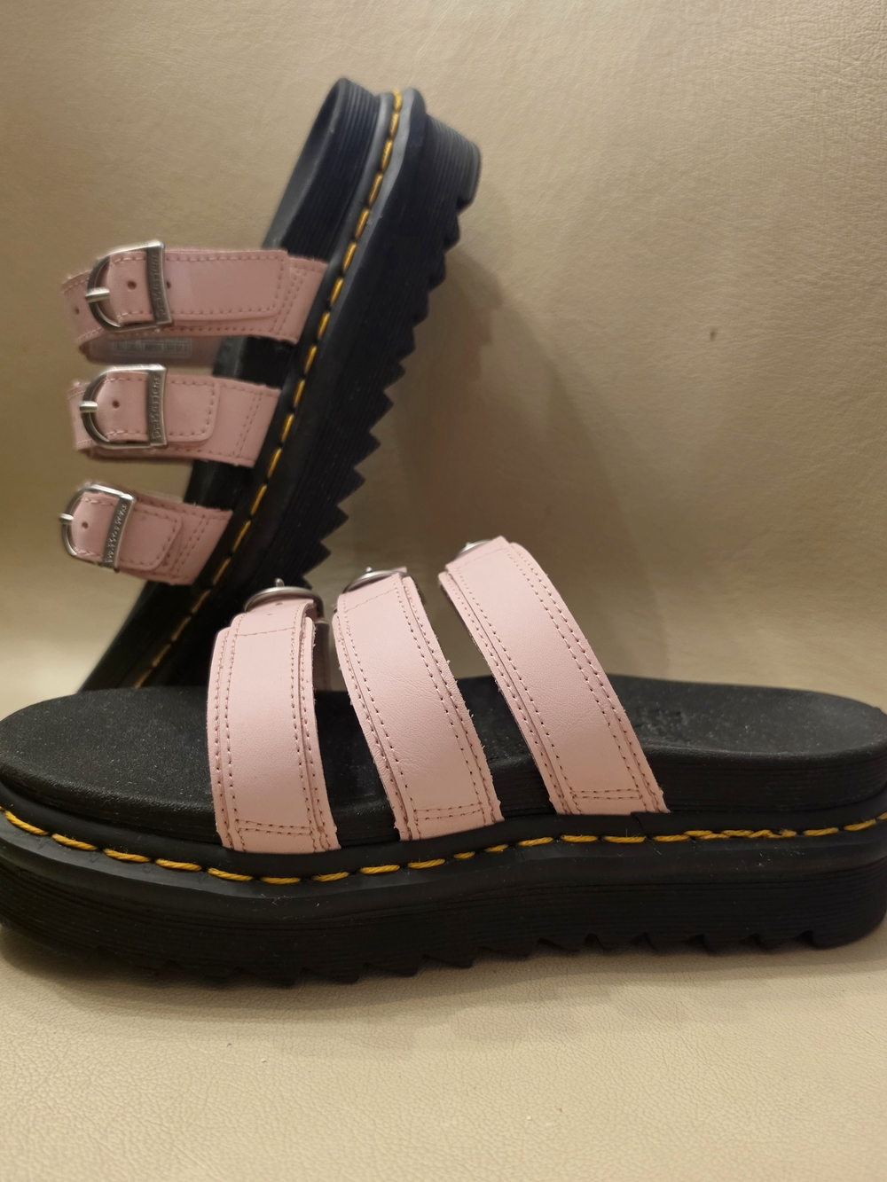 Dr. Martens Pink Triple-Strap Platform Sandals with Black Sole